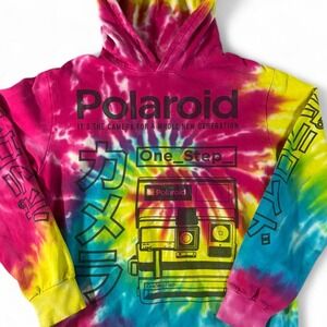 Polaroid tie-dye hoodie with camera graphic and Japanese text, size S